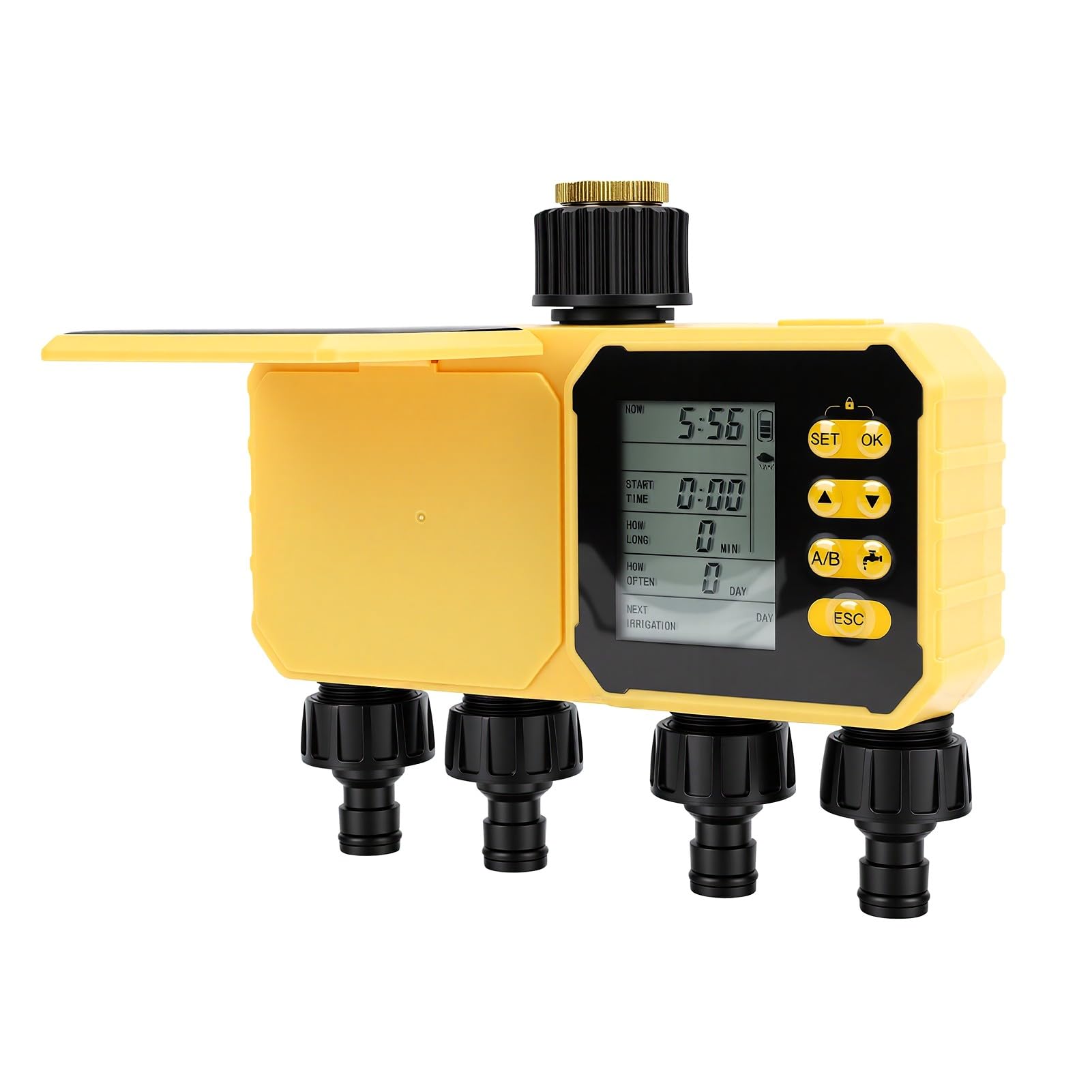 Fafeicy WiFi Solare Timer Irrigazione Intelligente Timer Irrigatore da Giardino in Ottone a 4 Zone App da 2,4 GHz e Controllo Vocale Salta Pioggia Modalità Automatica Manuale per Prato,