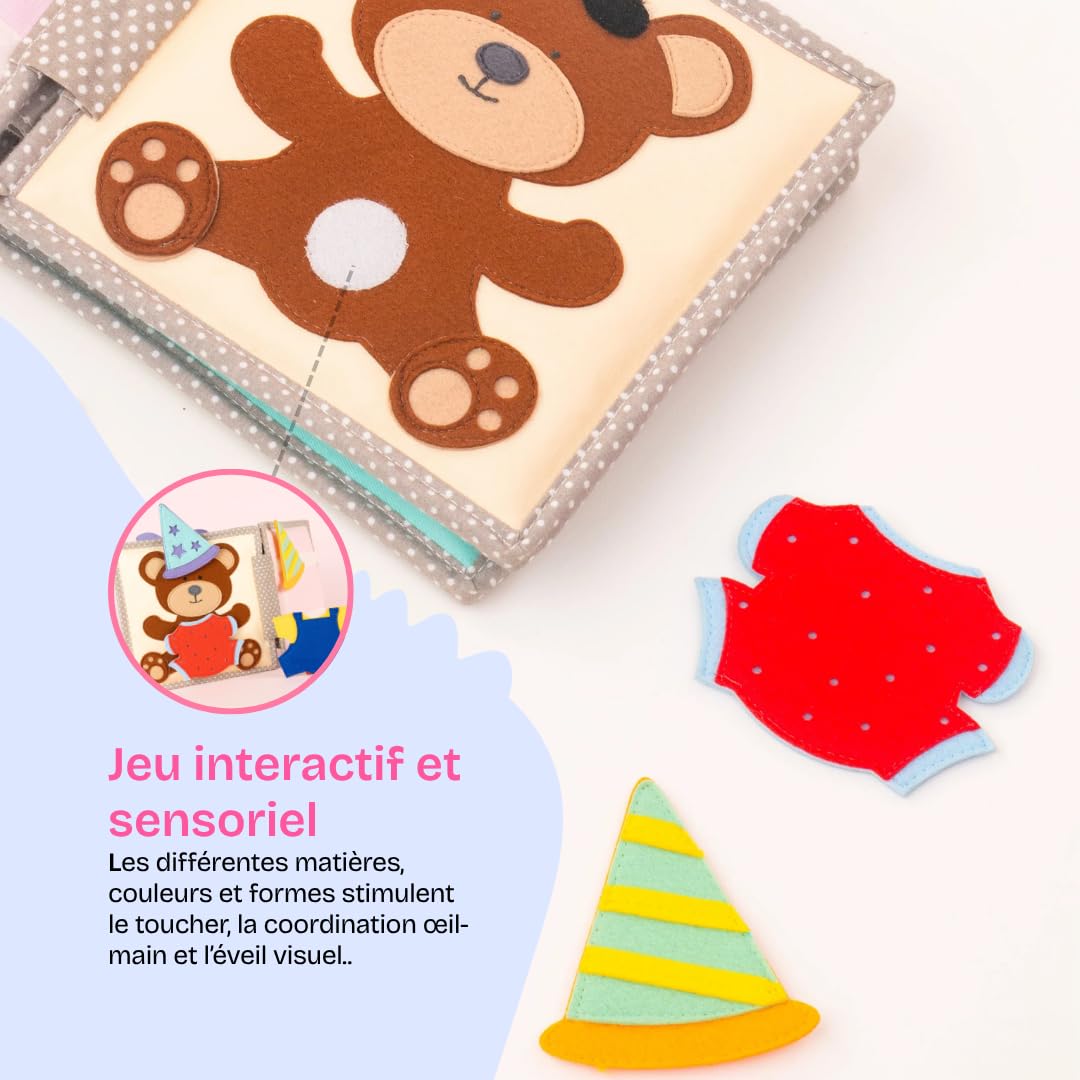 Jolly Designs® Mini Quiet Book Joyeux Oursiversaire – Jouet Montessori dès 12 Mois – Livre sensoriel & Livre Tissu pour bébé – Busy Book Fait Main en Feutrine – Jouet éducatif & de Voyage