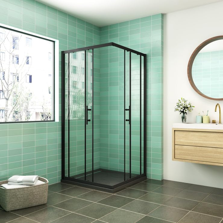 AICA SANITARIOS 100x80cm CABINA DE DUCHA DE ESQUINA CORREDERA NEGRA MATE 6MM CON PERFILERIA NEGRA ALTURA 190CM, ENTRADA ESQUINA