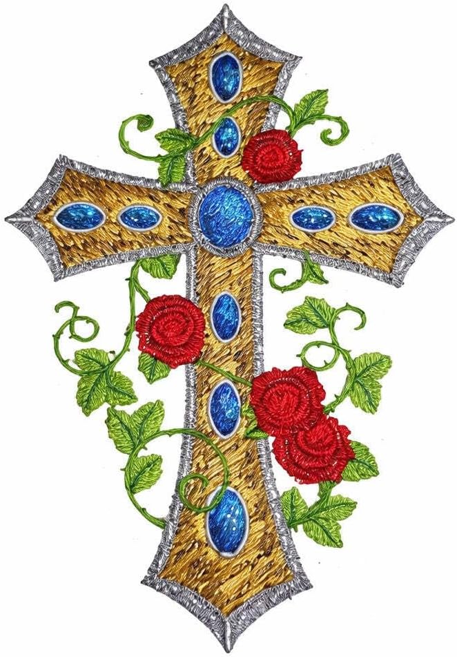 [Custom] Holy Sacred Cross with Nature's Bounty [Cross and Winding Roses] Embroidery Iron On/Sew Patch [7" x 4.76"][Made in USA]