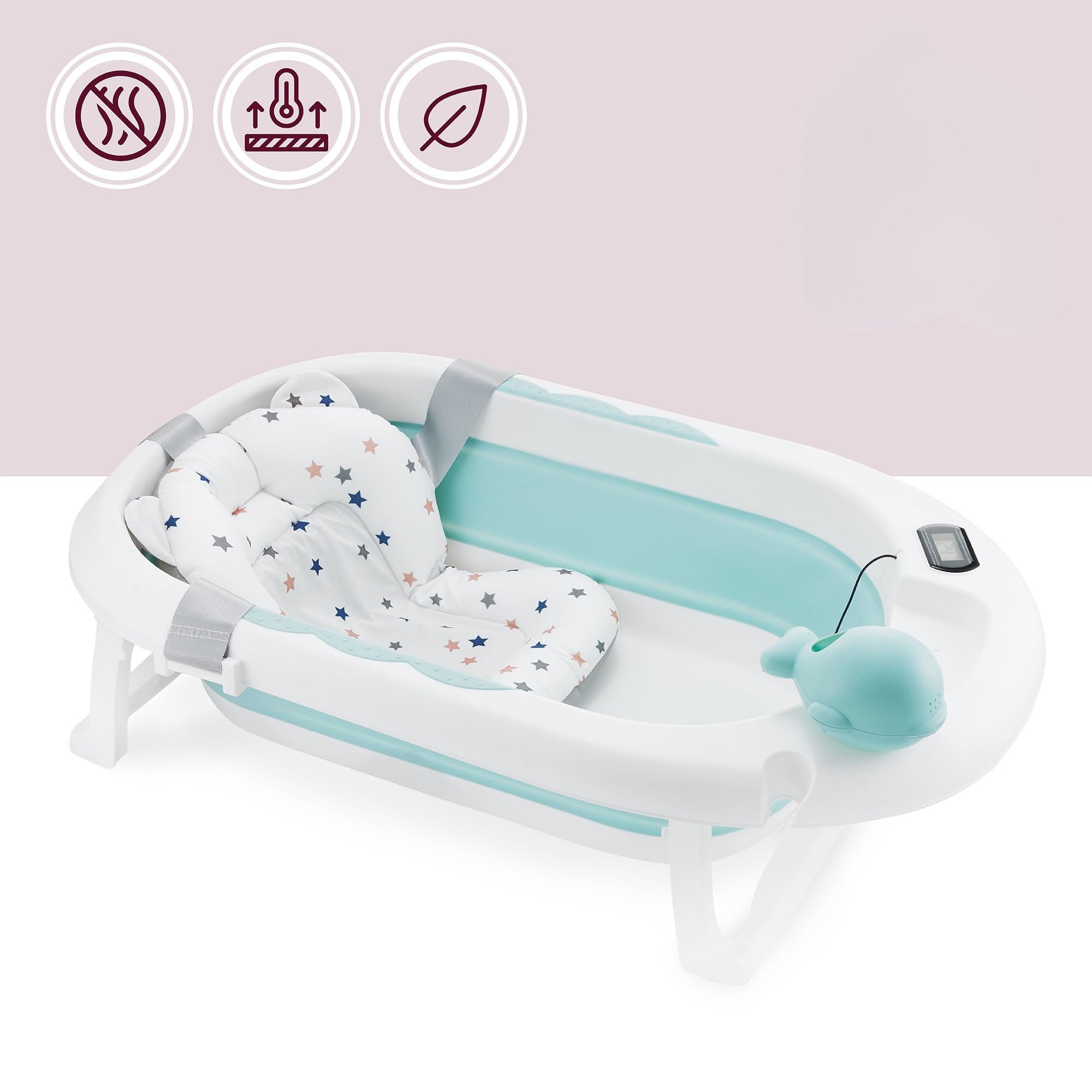 Moby-System Bañera Bebé Plegable con Termómetro LCD Incluye Inserto Soporte Alto y Bajo Vasito de Ballena – Compacta y Segura desde Recién Nacido – Menta