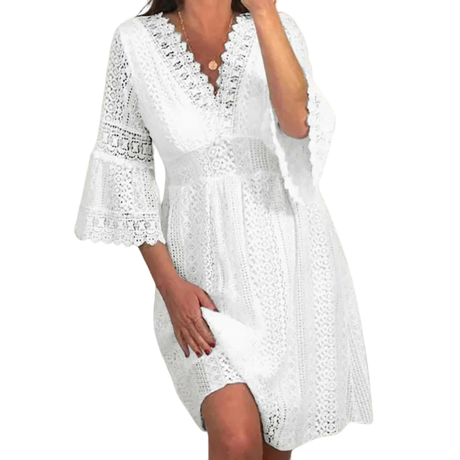 TEidea Sukienki damskie Biała koronkowa sukienka, dekolt w serek Hollow Lace Wave Sleeve Style, białe sukienki, retro styl plażowy