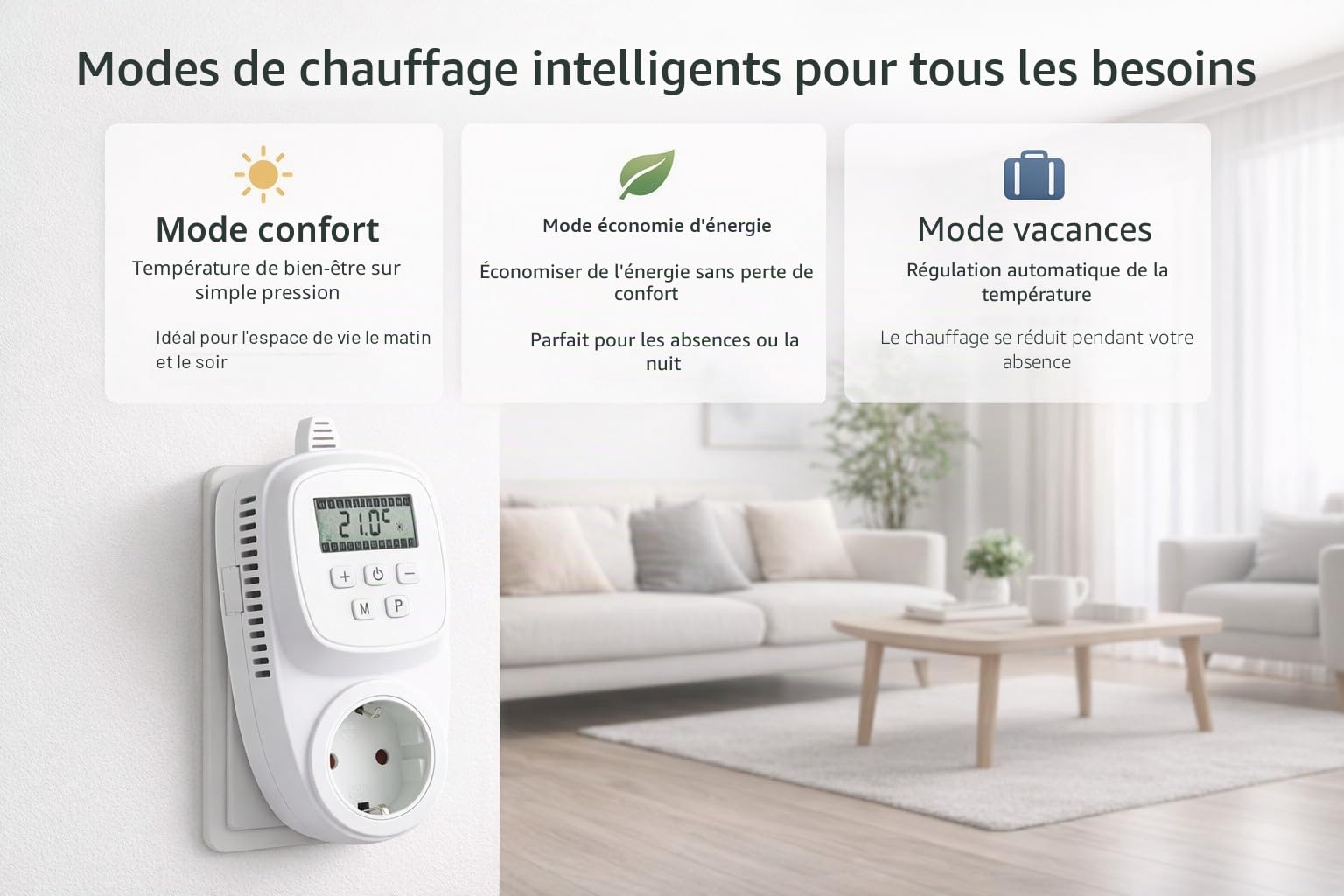 VIESTA® TH12 thermostat prise, programmable, 7 jours, 230 V / 16 A / 3600 W, 5–35°C, 0,5°C, écran LCD, EEPROM, protection antigel, pour chauffages électriques, panneaux chauffants