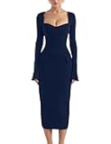 Women's Sexy Long Sleeve Sweetheart Neck Back Slit Bodycon Party Tight Midi Pencil Dress