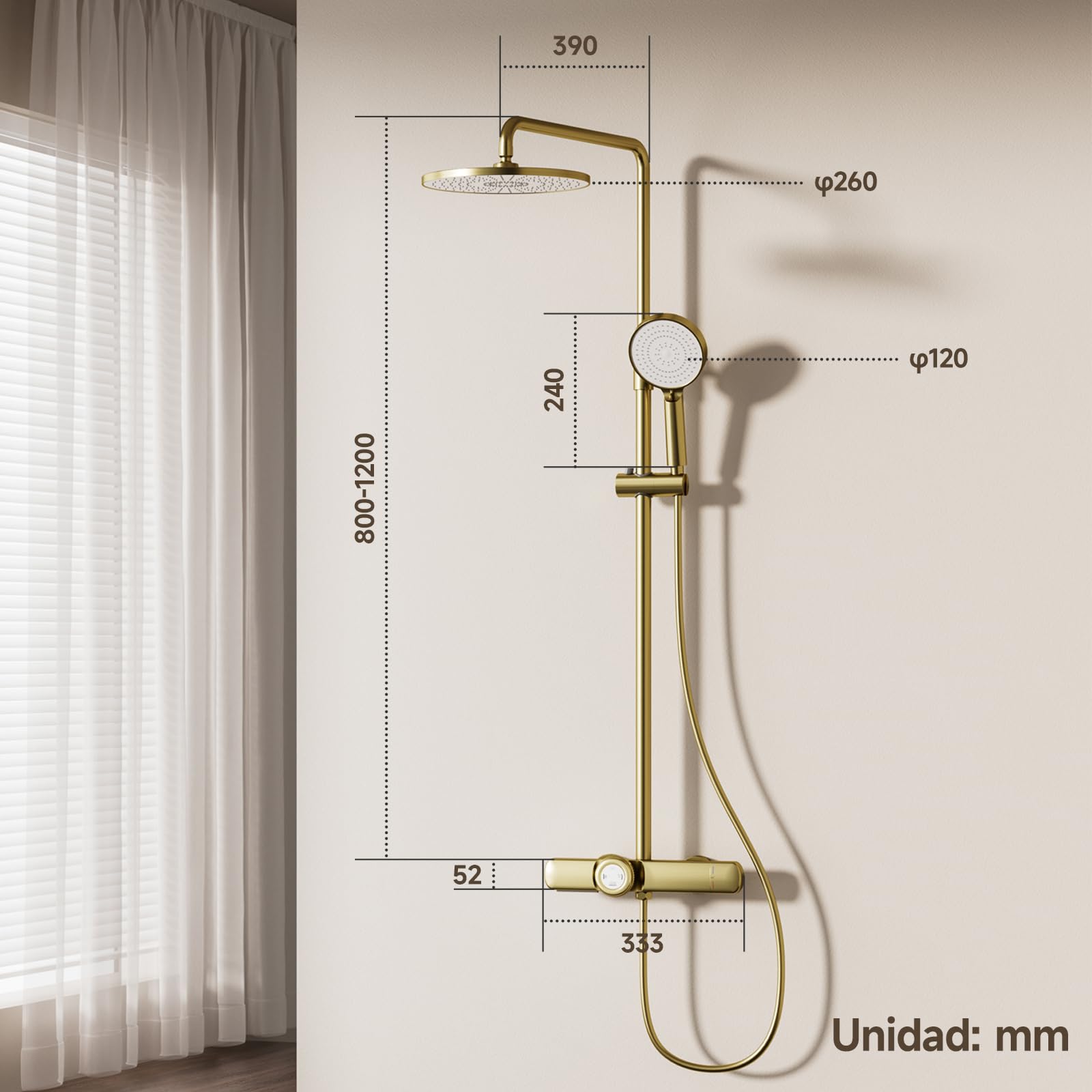 Columna ducha,Oro cepillado Columna de ducha termostática,Conjunto de columna de ducha 3 en 1 con cabezal de ducha de lluvia Grande de 260x260mm,Juego de ducha con cabezal de ducha de lluvia