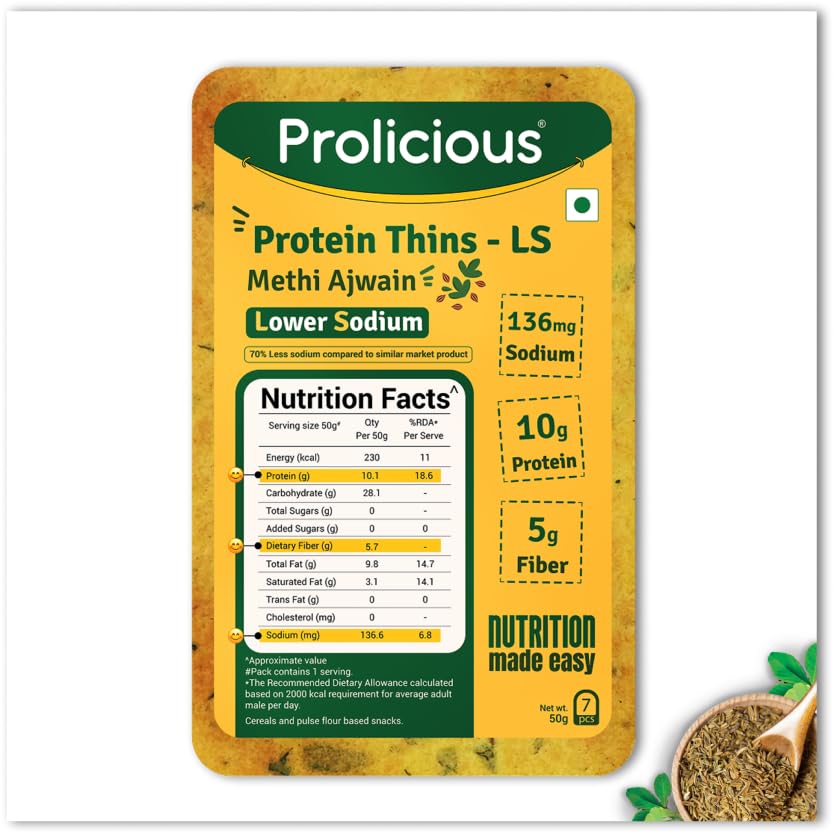 Image of Prolicious High Protein High Fiber Methi Ajwain Thins| No Plam Oil |Low Salt | Ideal for weightloss & PCOS | Healthy Snack | Single Pack 50g