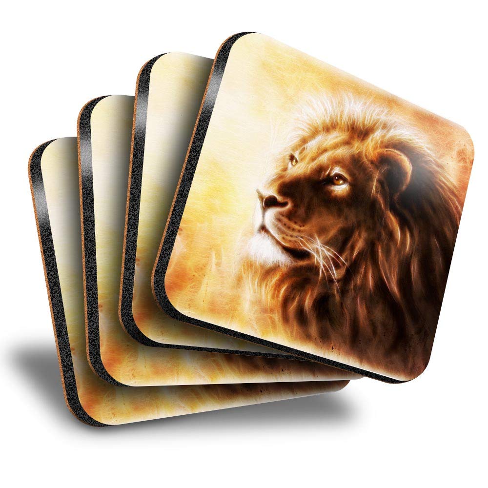 Destination Vinyl Ltd Great Coasters (Set of 4) Square - Majestic Lion Big Cat Drink Glossy Coasters/Tabletop Protection for Any Table Type #8800