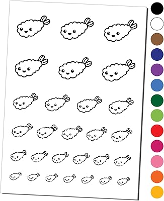 Kawaii Cute Shrimp Tempura Ebi Temporary Tattoo Water Resistant Fake Body Art Set Collection - Black (One Sheet)