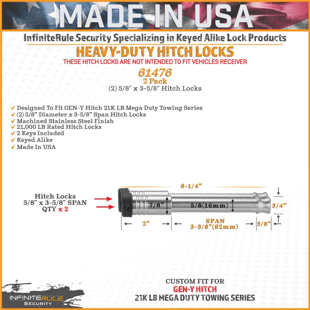 61476 | 2 Pack, Keyed Alike, Hitch Locks for Gen-Y Hitch 21K LB Mega Duty Series - Fits Adjustable Ball Mount Only - Does Not FIT Vehicle Receiver