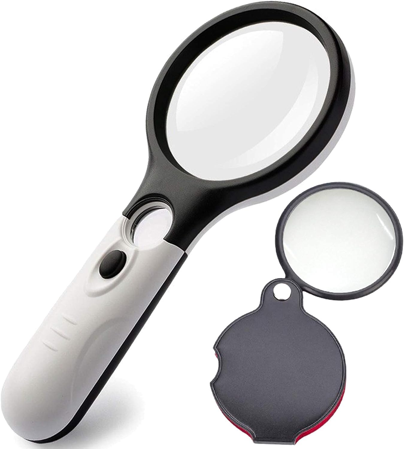 Rubik 45X & 3X Dual Lens Magnifying Glass with 3 LED Lights and 8X Folding Magnifier, Illuminated Handheld Loupe for Reading Jewelry - White/Black
