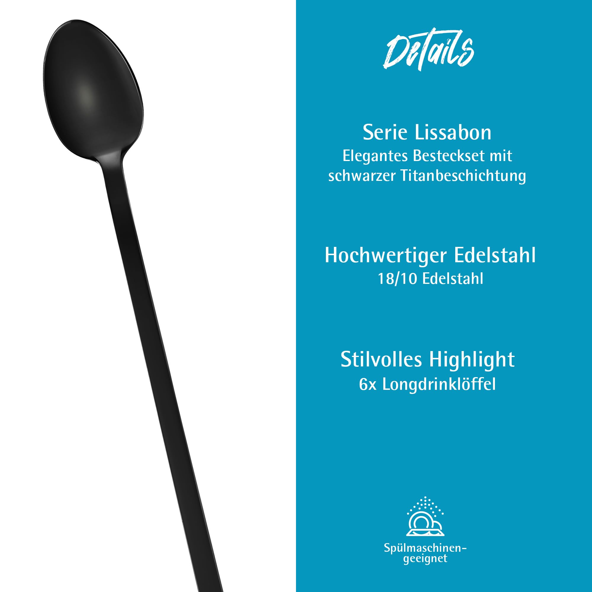 GRÄWE Latte Macchiato Löffel Set, Schwarz, 6-teilig, 19 cm, Lange Löffel, Cocktaillöffel, Dessertlöffel, Eislöffel, Löffel für Eiskaffee, Edelstahl, spülmaschinengeeignet, Serie Lissabon