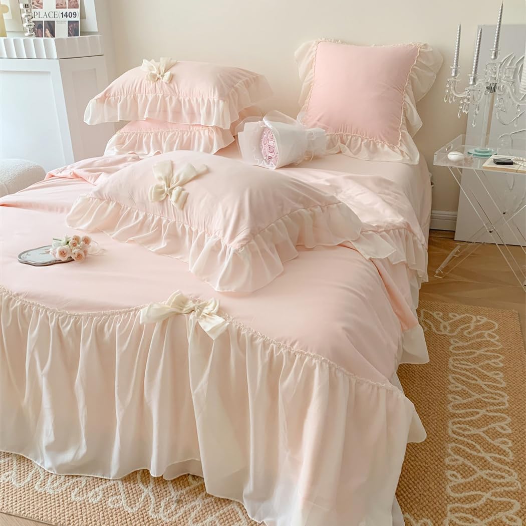 IHOUSTRIY Duvet Cover Queen Size, Ruffle Beddding Set with Bowtie, 3 Pieces Comforter Cover Set with Zipper Closure, Girl Princess Bedding with Pillowcase - Light Pink, Queen