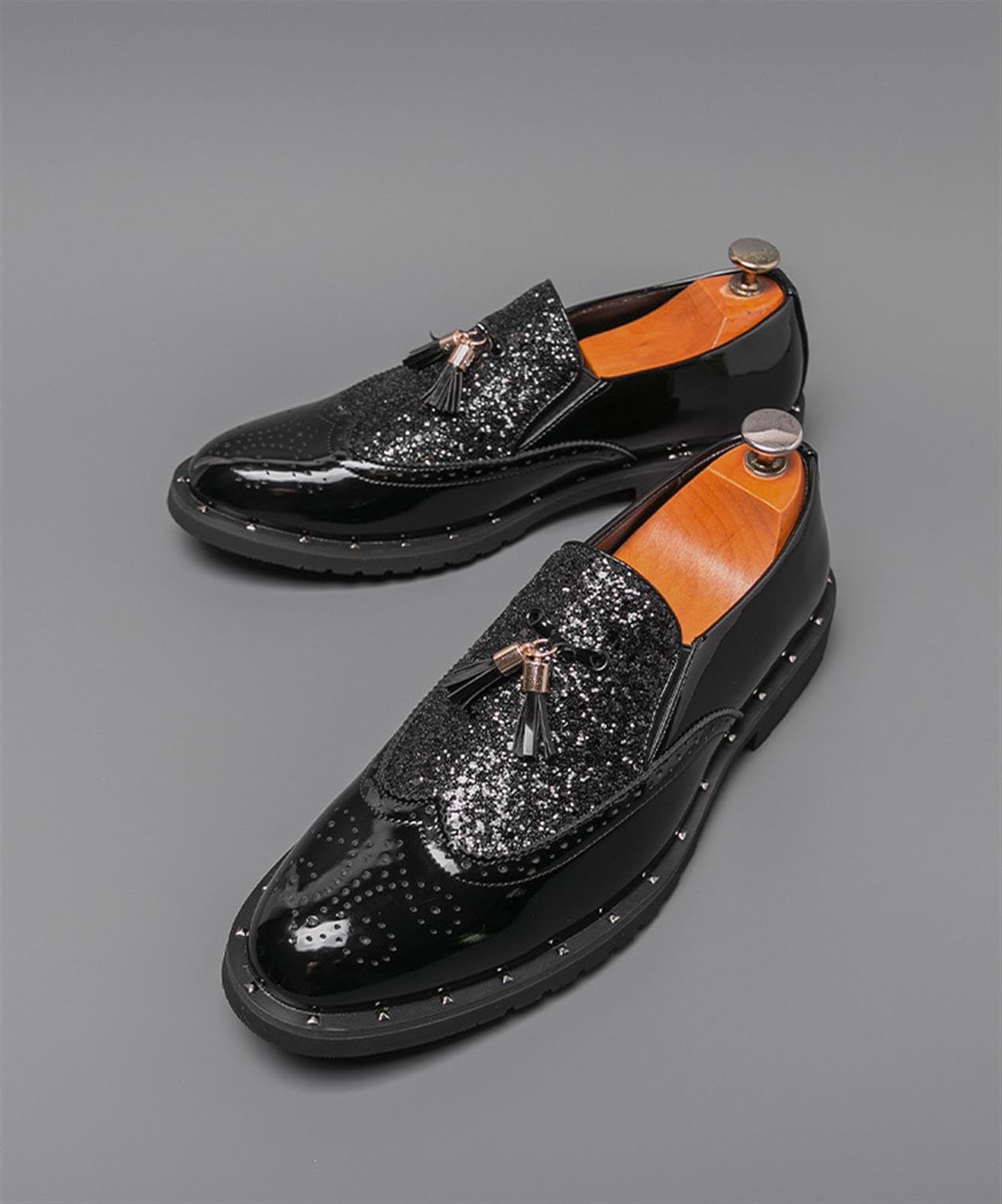 Mocasines de Charol con Purpurina para Hombre Zapatos de Vestir con Borlas Estilo Brogue Brillantes para Boda Fiesta