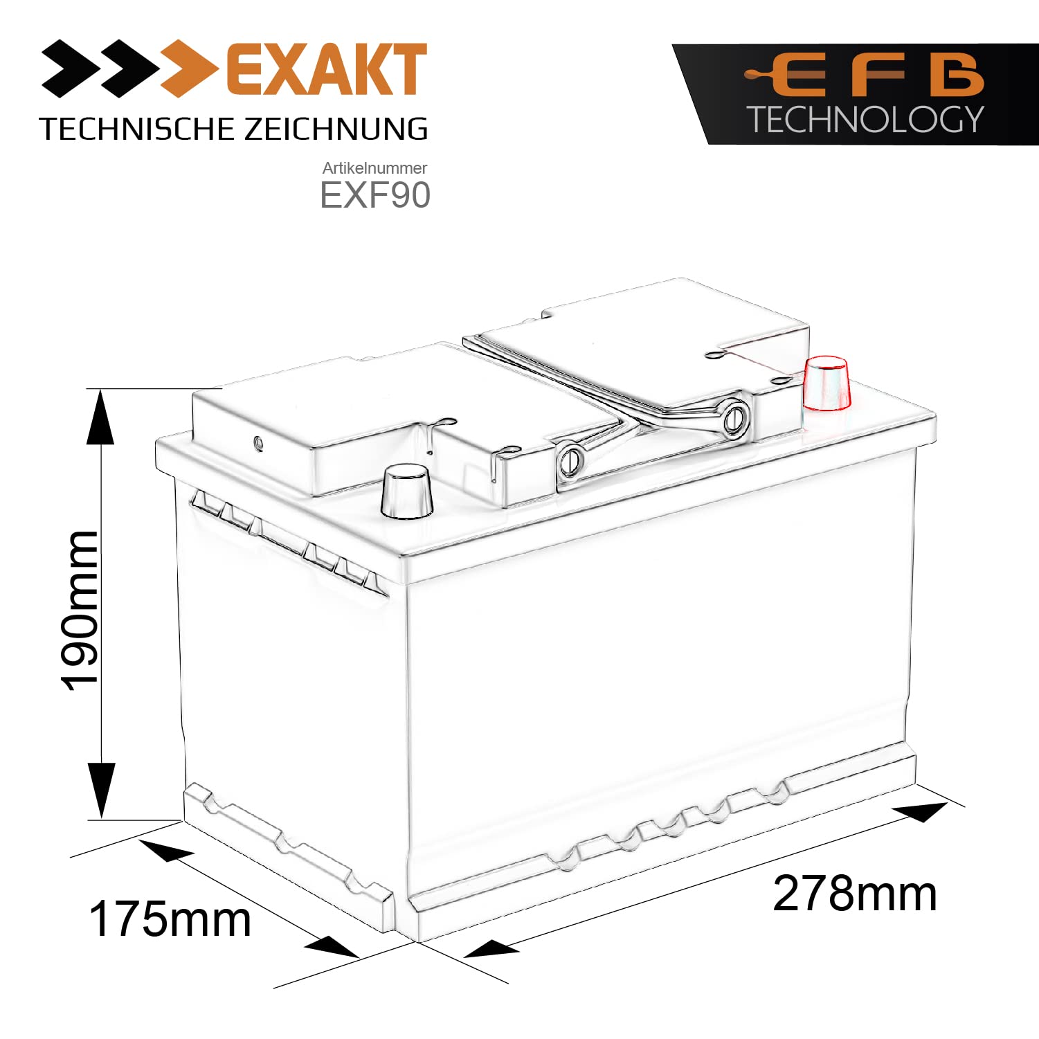 EXAKT EFB Batterie 90Ah 12V Start-Stop Autobatterie ersetzt 70Ah 75Ah 80Ah