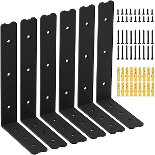 L Shelf Brackets Heavy Duty Shelf Bracket 10 Inch，Ultra-Hard Solid Steel L Brackets for Shelves，Rustic Black Metal L Shaped Bracket，Industrial Shelf Bracket with Hardware 6 Pack (10" x 6")