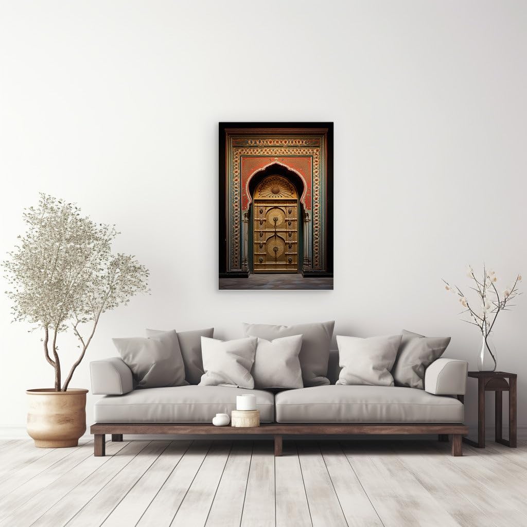 Canvas for Living room. Golden Grandeur: An Artistic Voyage Through the Intricately Designed Doorway, 27 x 18 inch Canvas Wall Art - Contemporary Masterpieces - Nature Home Decor
