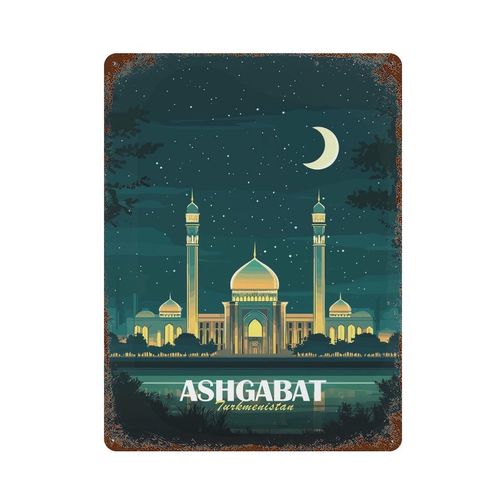 Ashgabat, Turkmenistan Nightscape Illustration Distressed Metal Wall Sign 15.7"x11.8", for Farmhouse, Kitchen And Entryway Decor, Rustic Home Decor