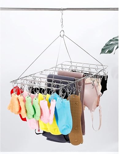 Miniatura 7 de Paquete de 2 Percha de secado de ropa plegable con 72 clips en total, de acero inoxidable, ahorrador de espacio, con clavija para calcetines, ropa