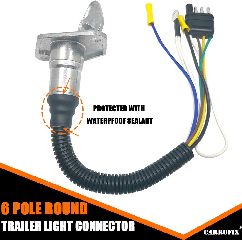 4 Way Flat to 6 Pole Round Trailer Wiring Adapter Quick-Connect 6 Way Connector with Mounting Bracket