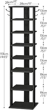 HOOBRO 8 Tiers Vertical Shoe Rack, Wooden Shoe Storage Organizer with Hooks, Narrow Shoe Tower for 8 Pairs, Space Saving, for Entryway, Living Room, Bedroom, Black BK07XJ01