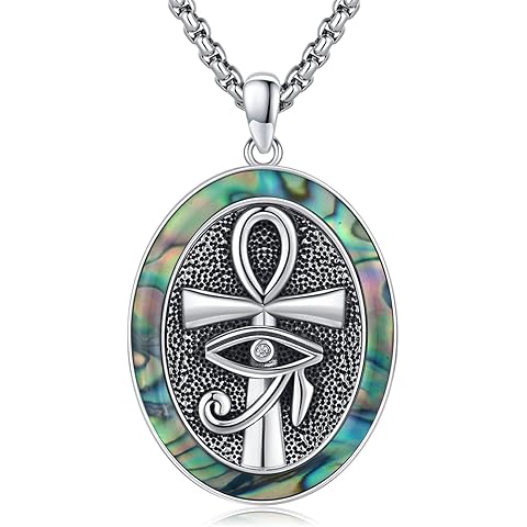 Abalone/Black Onyx/Turquoise/Malachite/Snake Ankh Necklace 925 Sterling Silver Anci...