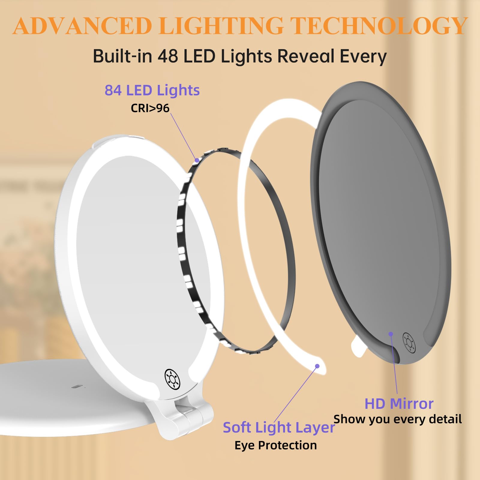 FUNTOUCH Miroir de maquillage de voyage rechargeable grossissant x 30 pour femme, blanc 17,8 cm | Double face/éclairage 3 couleurs/écran tactile à intensité variable/intérieur, extérieur/cadeau pour filles
