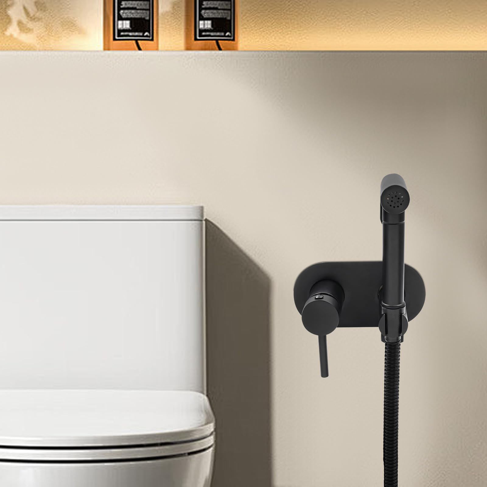 Bidet Spruzzatore manuale per WC, doccetta per WC, set di rubinetti, bidet caldo e freddo, set per WC, montaggio a parete, filettatura G1/2, dimensioni 135 x 70 mm (nero)