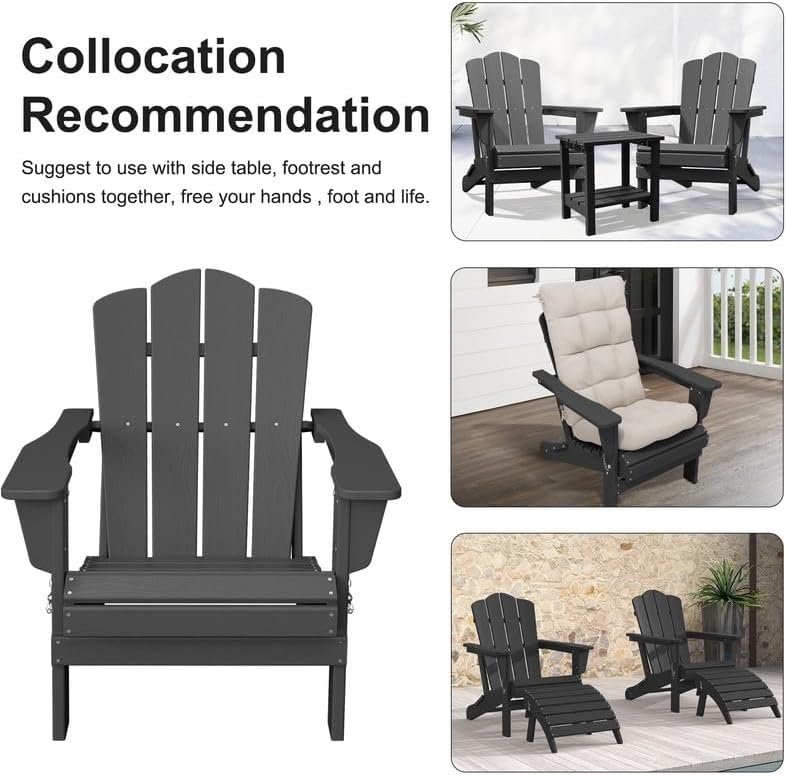 Adirondack Chair, Plastic Folding Outdoor Patio Chairs, Outside HDPE Chairs for Lawn, Yard, Gray(1PC)