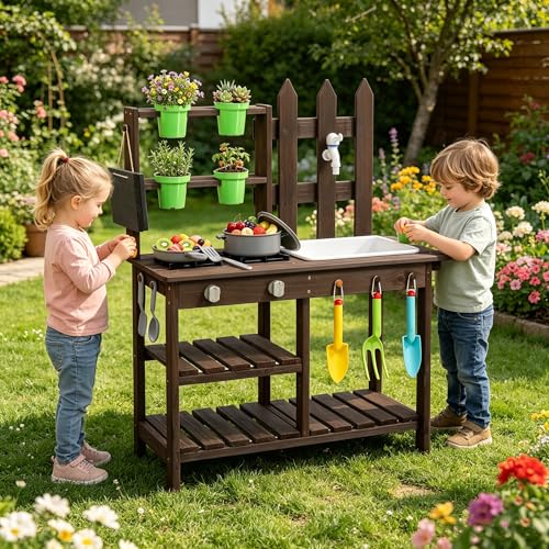 Ktaxon Wooden Mud Kitchen for Kids, Outdoor Play Kitchen with Toy Sink
