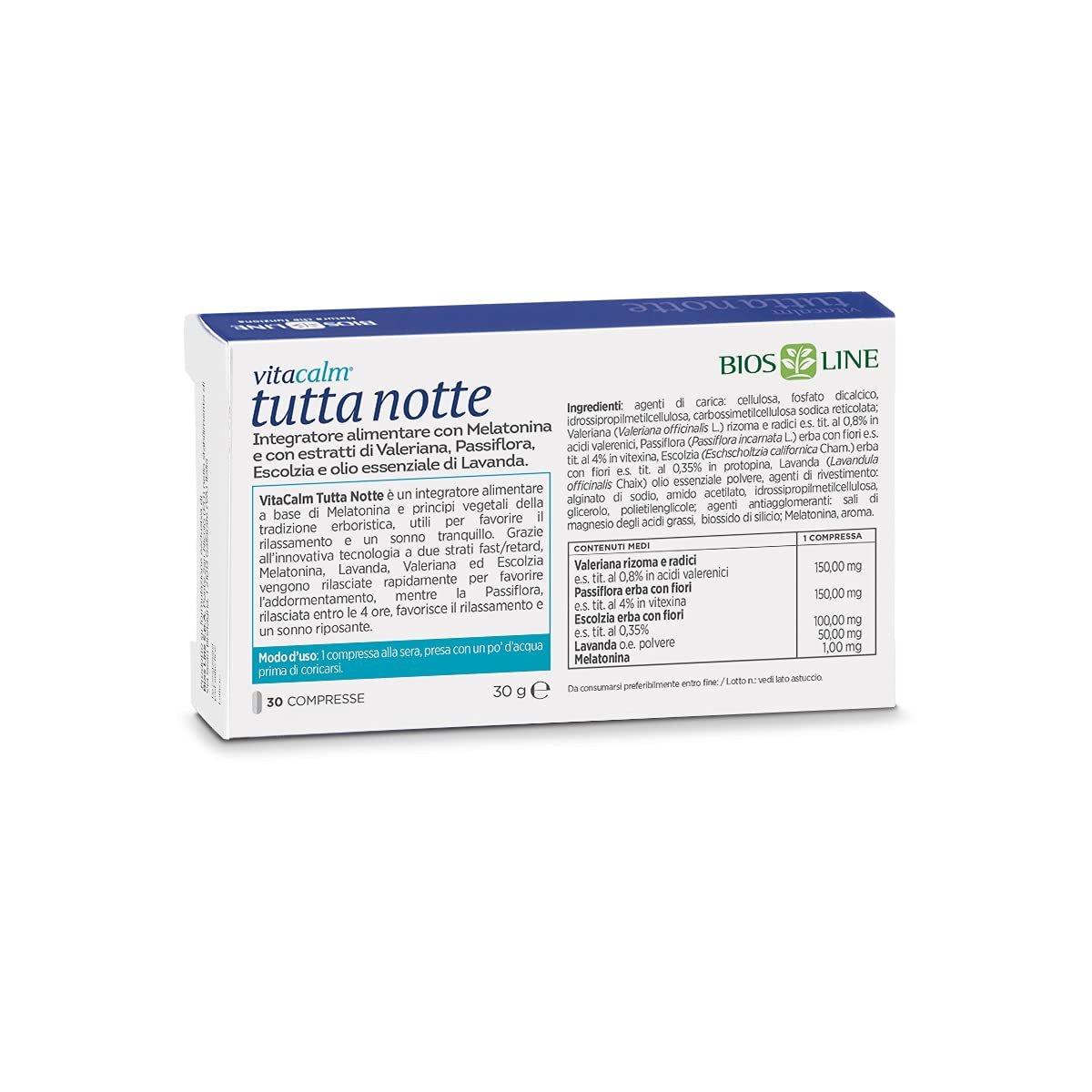 BIOS LINE VitaCalm Tutta Notte, Integratore per Dormire con Melatonina, Integratore Rilassante a Doppio Rilascio per Favorire il Rilassamento Sonno Tranquillo, 30 compresse