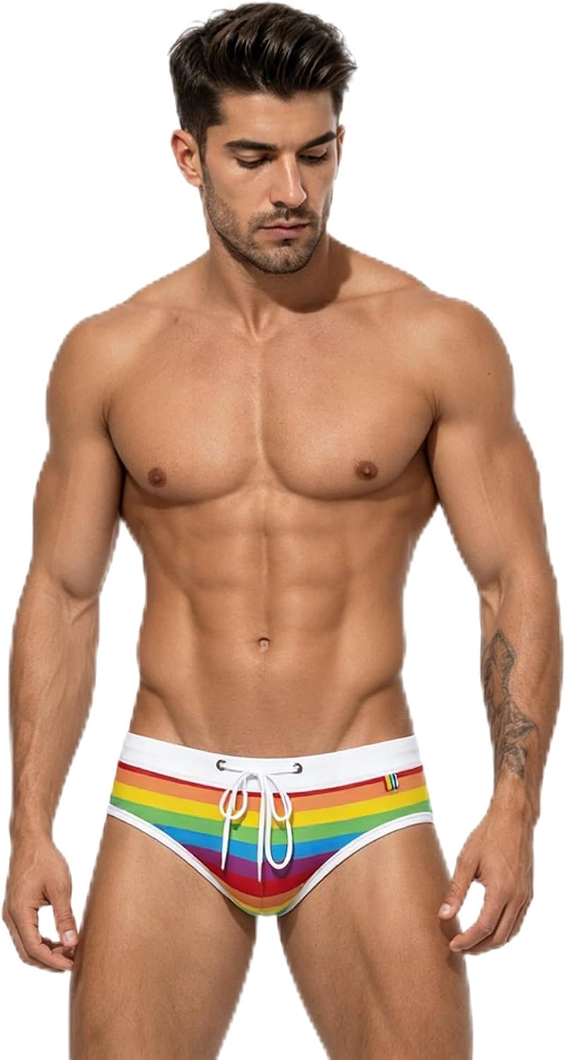 Men's Rainbow Stripes Bikini Swim Briefs Cross Stripe Low Rise Drawstring Sexy Swimwear Trunks for Beach Pool Vacation