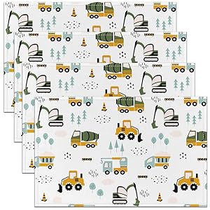 Equipment Trucks Decorative Table Place Mats, Cartoon Car Square Placemats for Dining Table,Construction Yellow Blue Green Table Mats for Kitchen Decor,18″x12″
