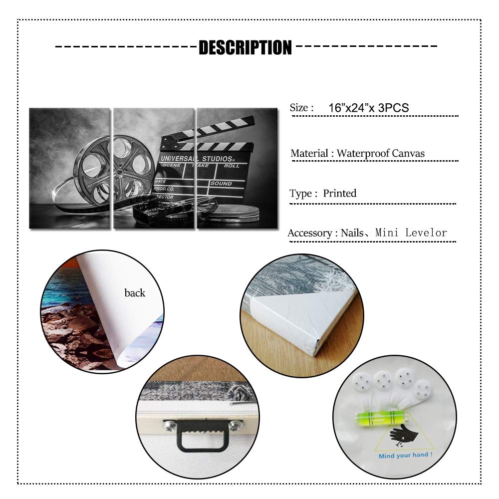3 pezzi in tela di canapa bianca e nera per decorare la parete del film, per decorare la casa, il cinema, il cinema, la sala multimediale, la casa, il bar, il pub, la casa, facile da appendere, 3 x