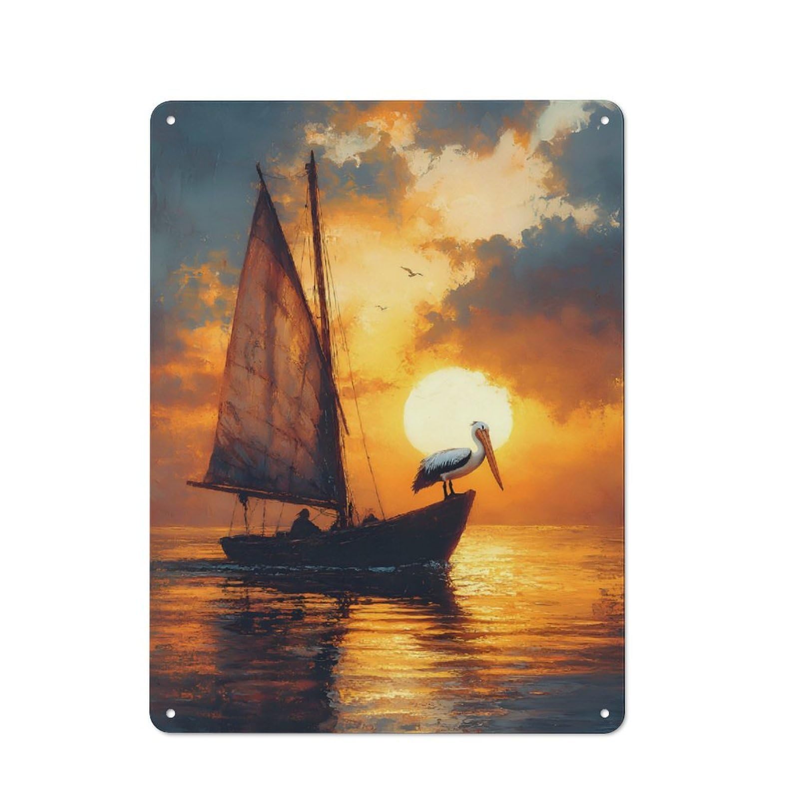 Junmoney Style-5 Pelican On A Sailboat At Sunset Retro Metal Wall Sign 40X30cm For Guest Room Or Hallway, A Housewarming Gift For Home Decor Collectors