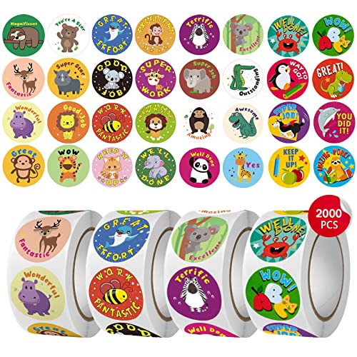 4 Rolls Reward Stickers for Kids, 2000Pcs 1 Inch Teacher Reward Motivational Stickers School Stickers Animal Incentive Roll Sticker Teacher Supplies for Classroom, Potty Training Stickers (Style A)