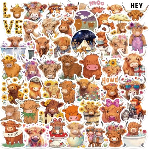 50PCS Highland Cow Stickers Cute Cartoon Animal Stickers Vinyl Waterproof Decal for Laptop Stickers for Water Bottles Kids Gifts for Teen Adult