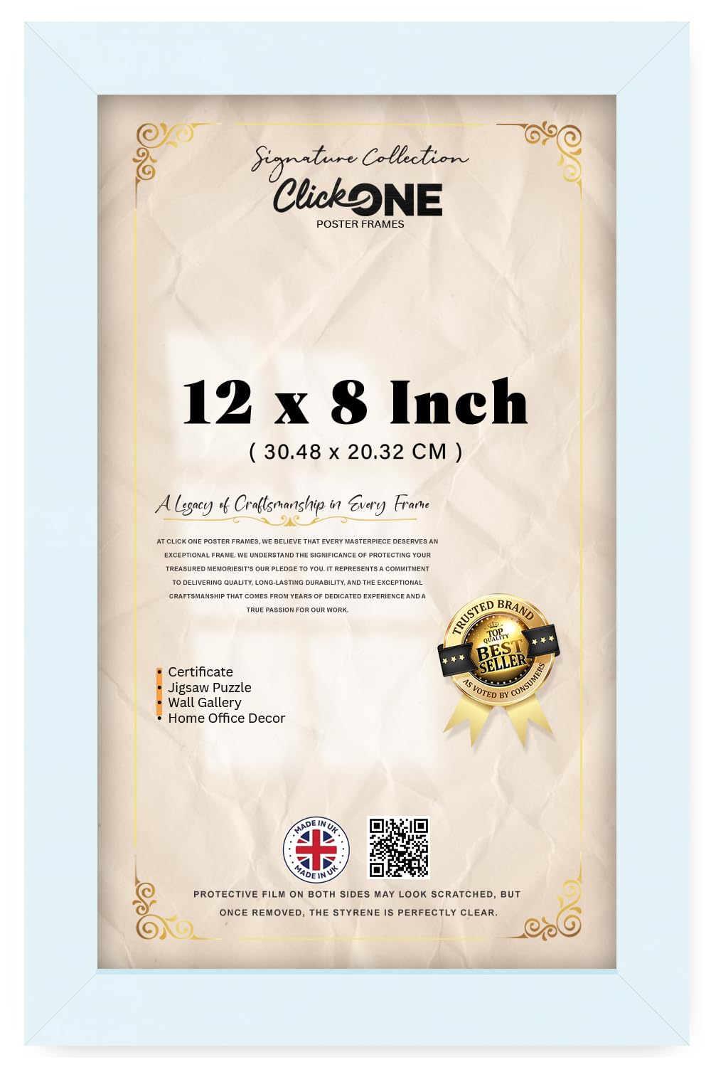 Click One — Flat Engineered Wood 12 X 8 Inch Poster Frame | White Wall Décor (30.48 X 20.32 CM) For Home Décor, Art Display, Wall Gallery, Photo And Certificate Mounting, Slim Profile