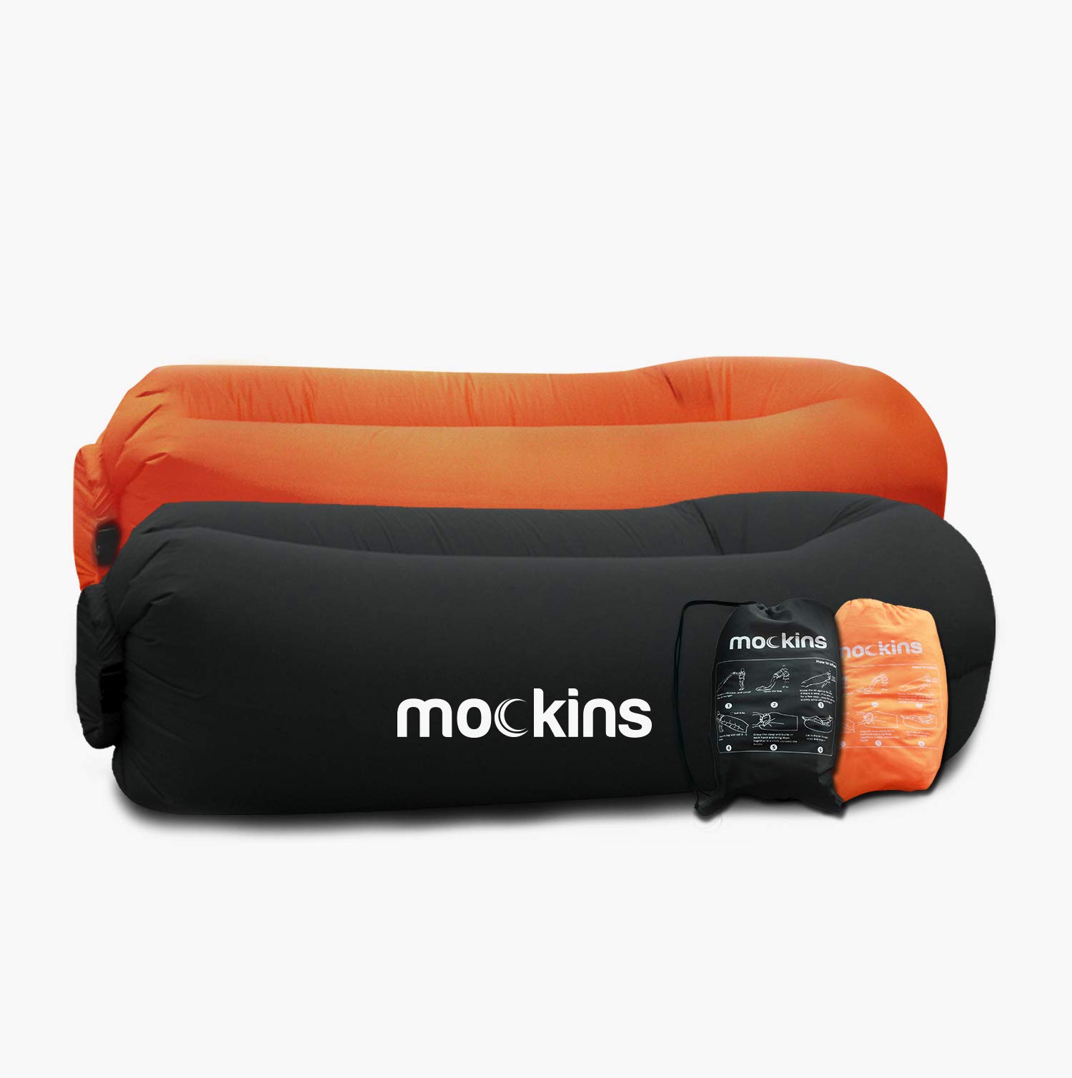 Mockins 2 Pack Black Orange Inflatable Loungers Hangout Sofa Bed with Travel Bag Pouch The Portable Inflatable Couch Air Lounger is Perfect for Halloween & Camping Accessories Inflatable Hammock