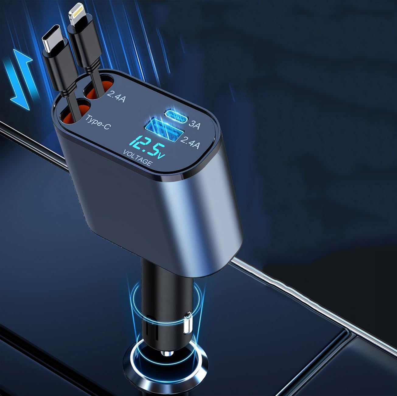 Sugshpo Retractable Car Charger - 4 in 1 Fast Car Phone Charger 120W, 2 Retractable Cables 31.5 Inch and 2 USB Ports,Compatible for iOS & Android Cell Phones All Device Charging, Blue