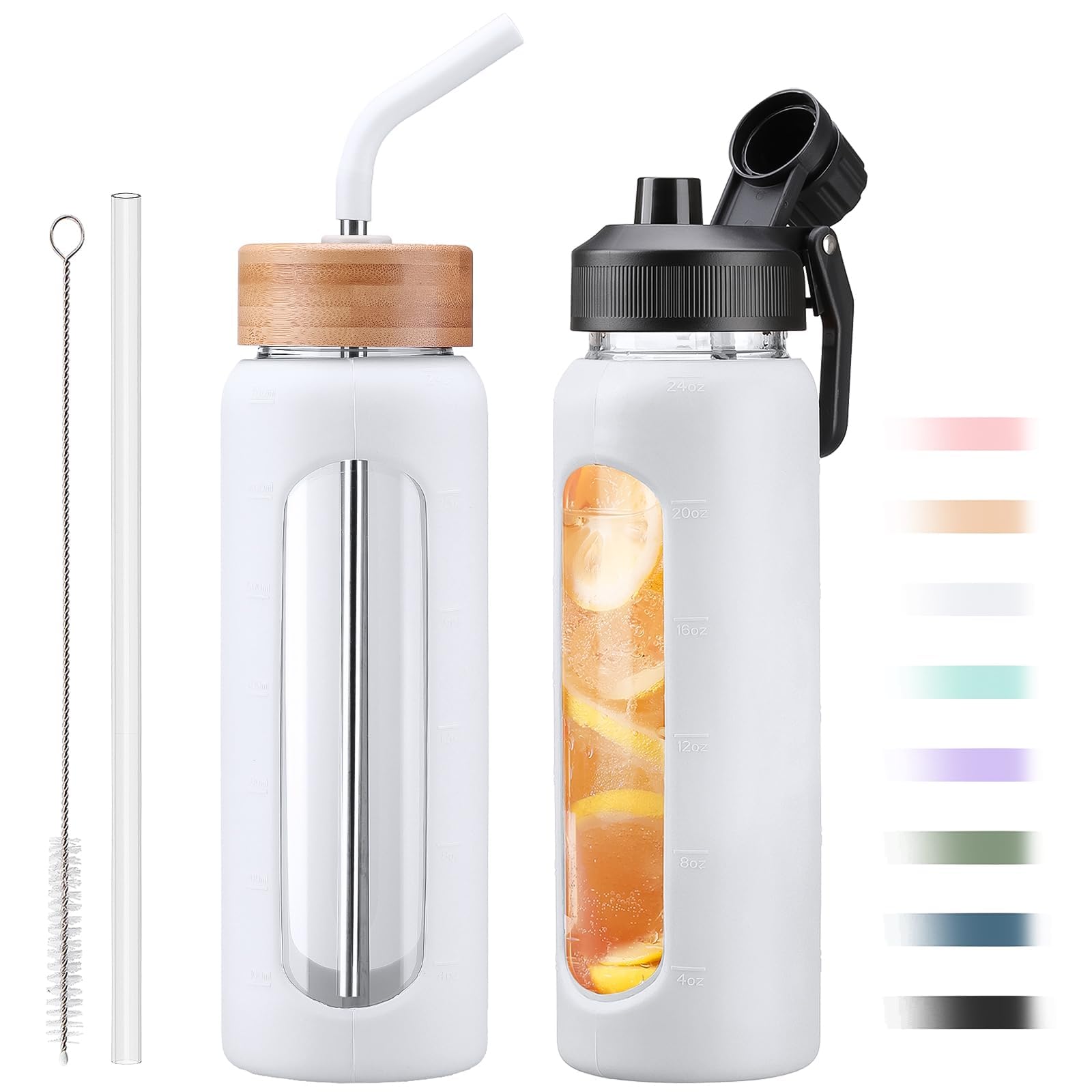 NOLOGLAZIC 24oz Glass Water Bottle with Straw and 2 Lids-Bamboo and Spout Lid, Borosilicate Glass Water Bottle with Silicone Sleeve and Time Marker,