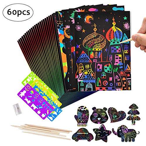 Scratch Art Paper, 50 Obras De Arte De Raspado De Arco Iris y Manualidades Infantiles Papel Rayado Negro, con 5 Estilográficas De Madera, 4 Reglas De Dibujo y 1 Sacapuntas (18.5 * 26 Cm) …