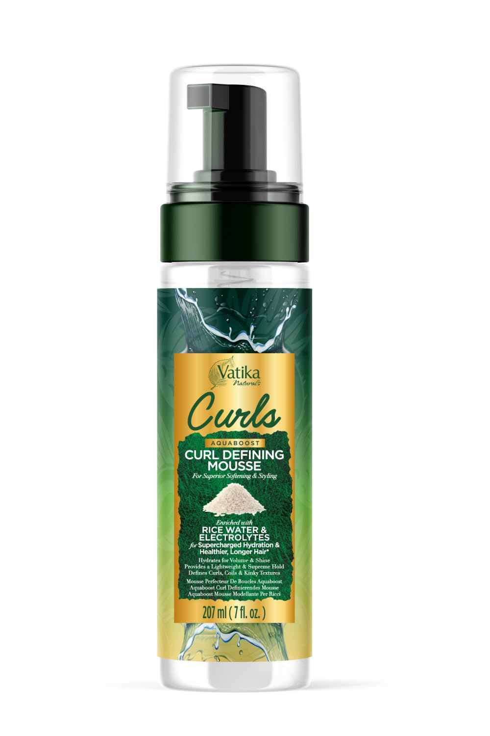 Vatika Naturals Curls AQUABOOST Curl Defining Mousse with Rice Water & Electrolytes – Lightweight Hold, Hydrating & Anti-Frizz Styling Foam for Curly, Coily & Textured Hair, 207ml