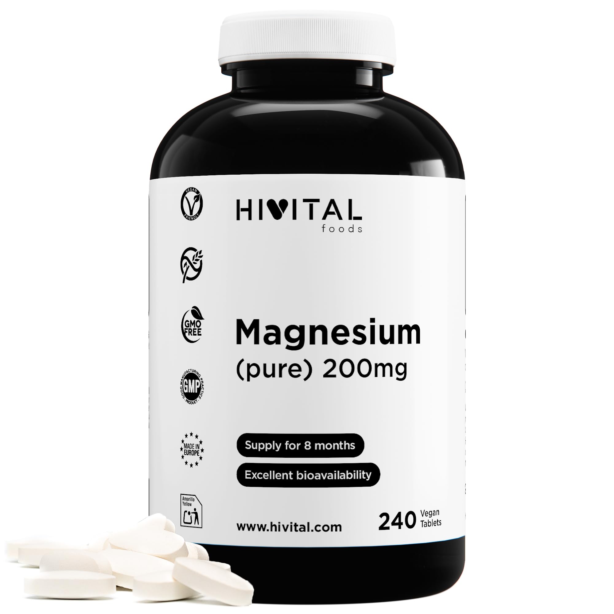 Magnesium pure 200mg from Magnesium Citrate | 240 Vegan Tablets (8 Month Supply) | Reduces tiredness & fatigue, Supports muscle and nervous function and Promotes a healthy bones and teeth | by Hivital