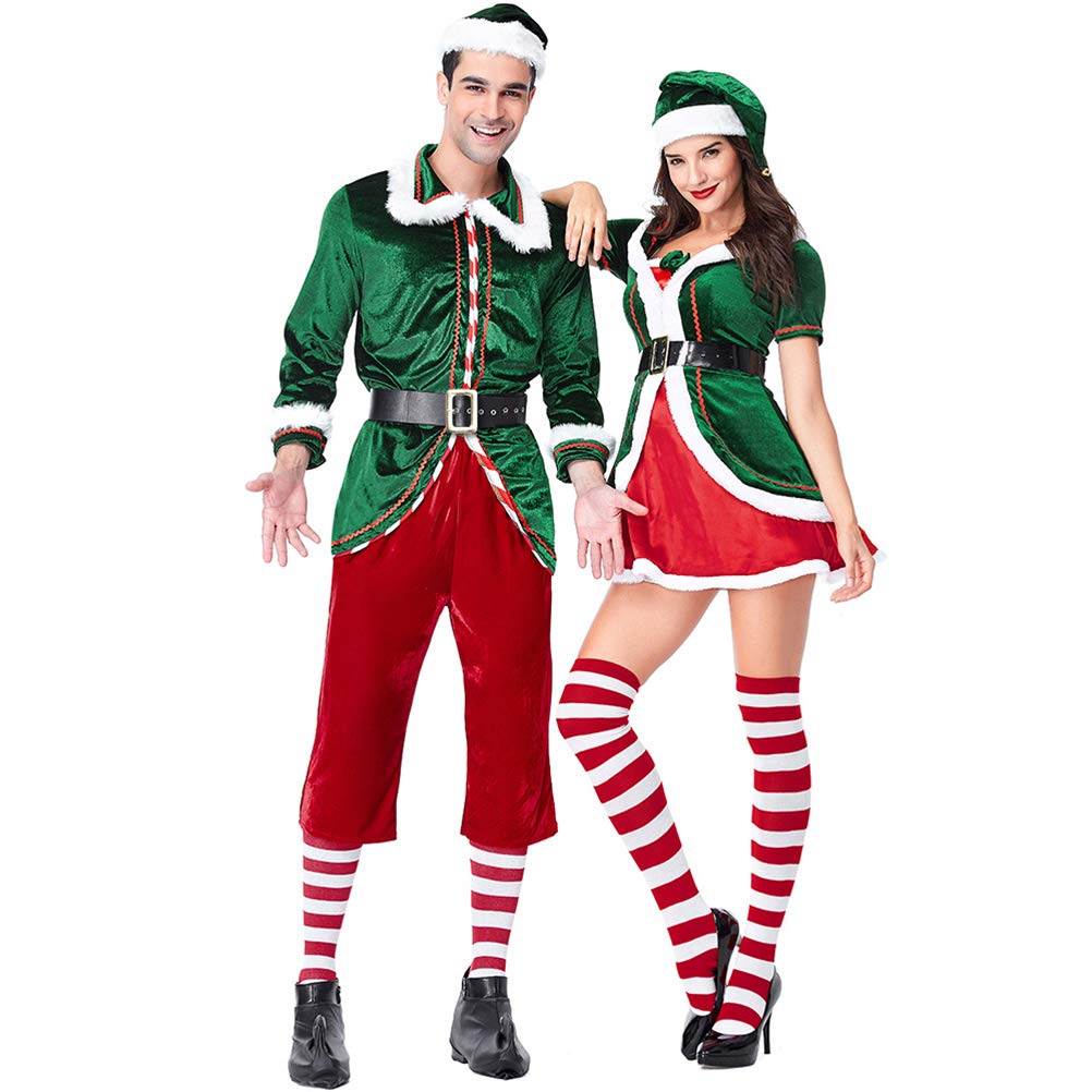 Conjunto de Disfraz de Elfo Navideño Lujoso Kit de Cosplay para Adultos de para Parejas Navidad Halloween Año Nuevo Poliéster Verde