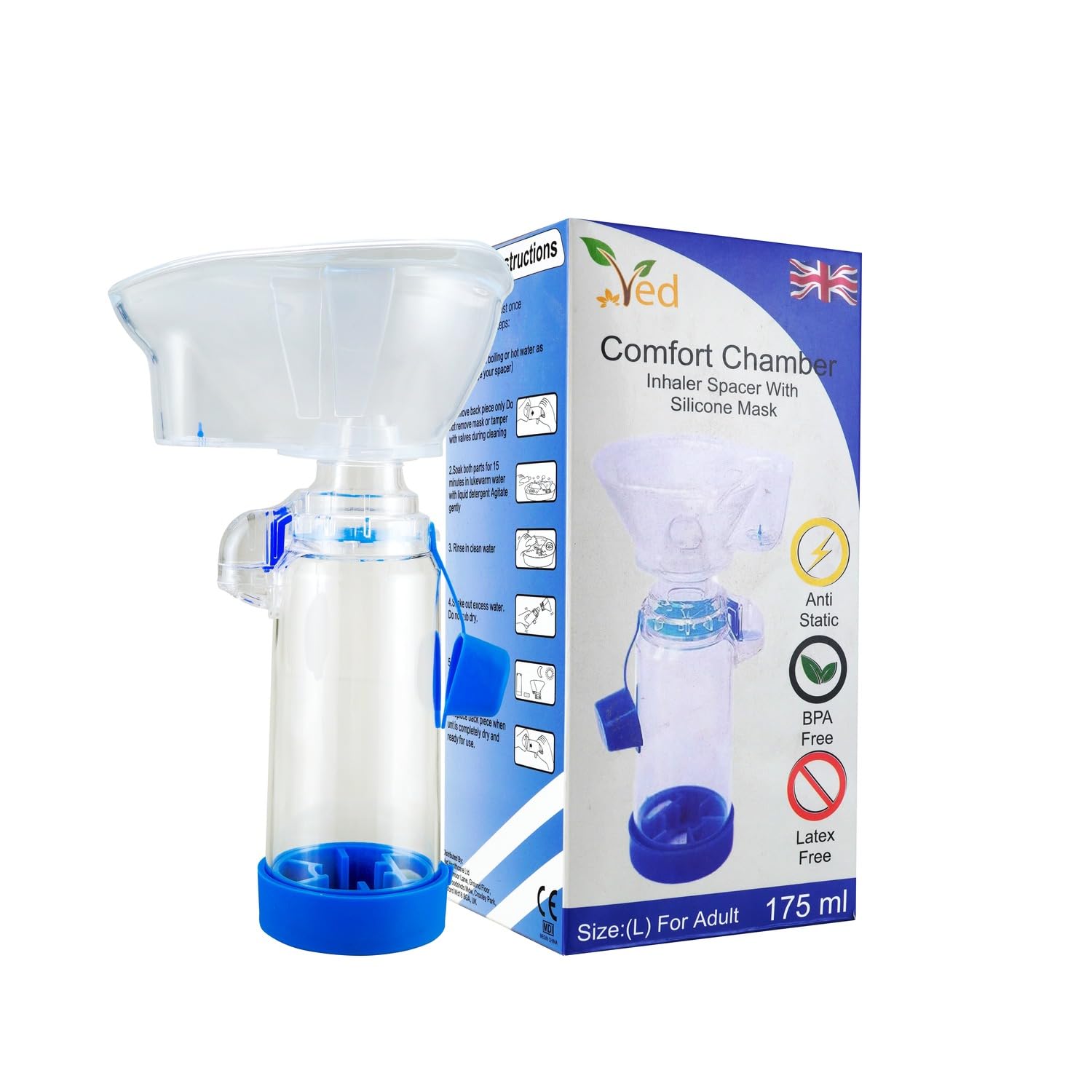 Dispositivo espaciador antiestático Inhaler Spacer, cámara de inhalador, uso con inhalador de dosis medida, sin BPA ni látex para adultos. (Azul) (OOS)