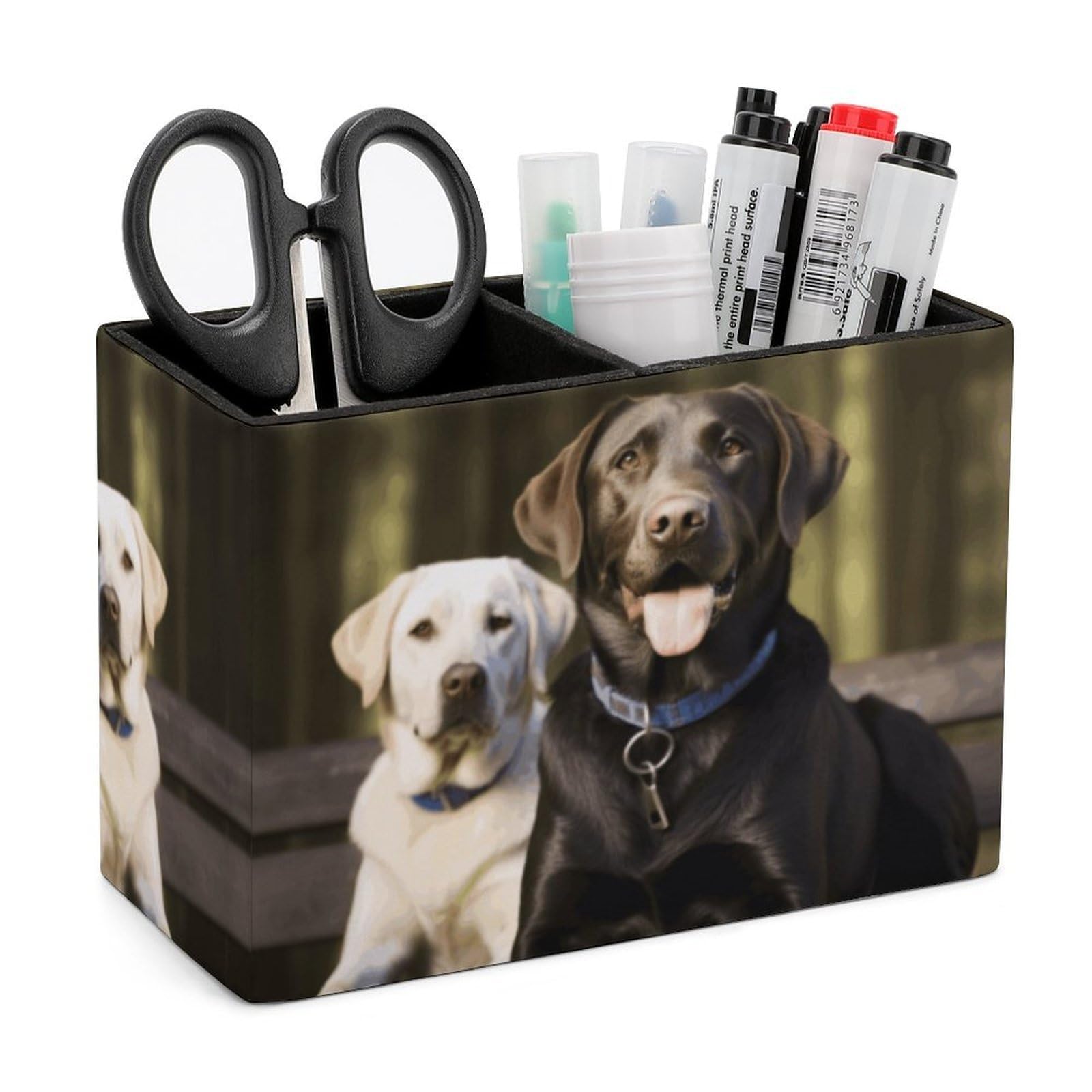 LZQPOEAS Exquisite Patterns PU Leather Pen Holder, Multifunctional Desktop Organizer Caddy with 2 Compartments, Labrador Pencil Cup Makeup Brush Holder for Office Home