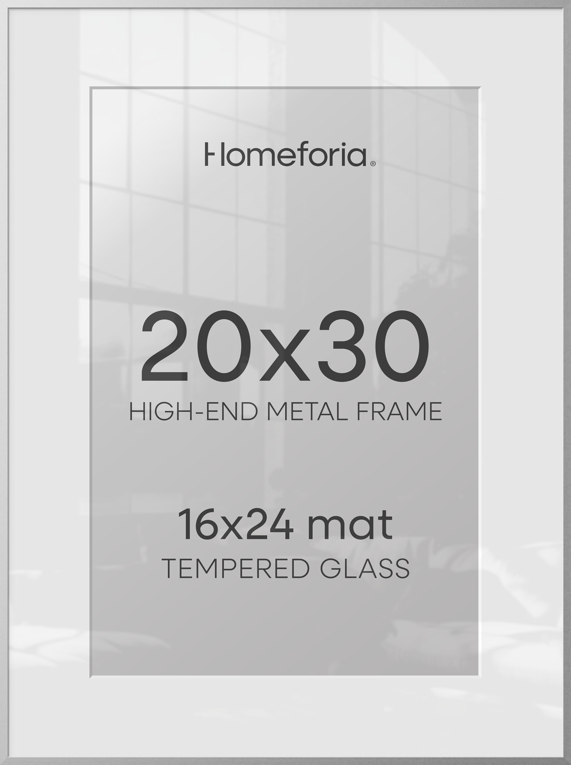 Homeforia Poster Frame Silver 20x30, High End Metal 20 x 30 Picture Frame with Mat 16 x 24 for Photo, 20x30 Silver Frames Matted to 16x24 Print, 30x20 Hanging Frame, Tempered Glass, Wall Kit, Set of 1
