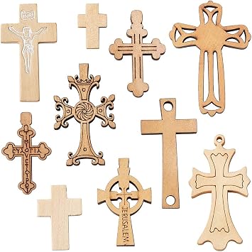 FASHEWELRY 100Pcs Natural Wooden Cross Charms 10 Styles Wood Rosary Cross Necklace Pendants for DIY Craft Jewelry Making Wheat