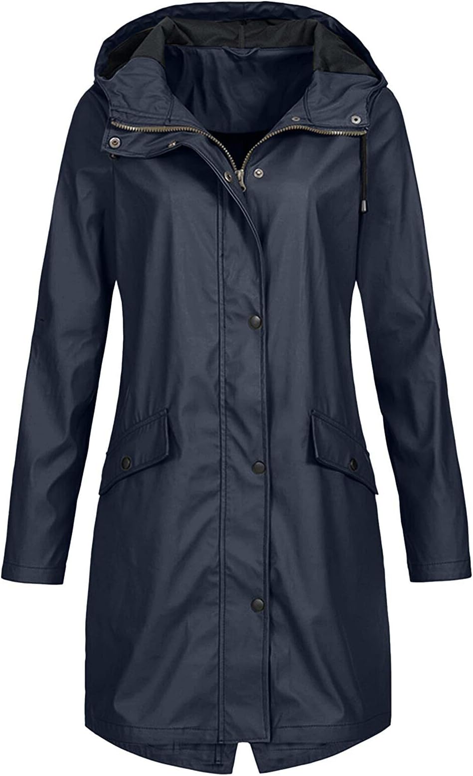 Womens Raincoats Waterproof with Hood Plus Size Solid Long Coat Loose Drawstring Full-Zip Hooded Raincoat with Pockets Windproof Sun Protection Outerwear Fashion Outdoor Clothing