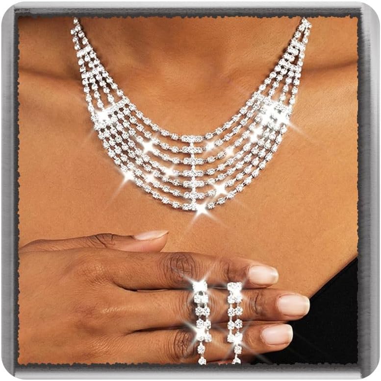TWINKLEDE Rhinestone Necklace Jewelry Set Silver Wedding Bridal Necklace and Earrings for Women